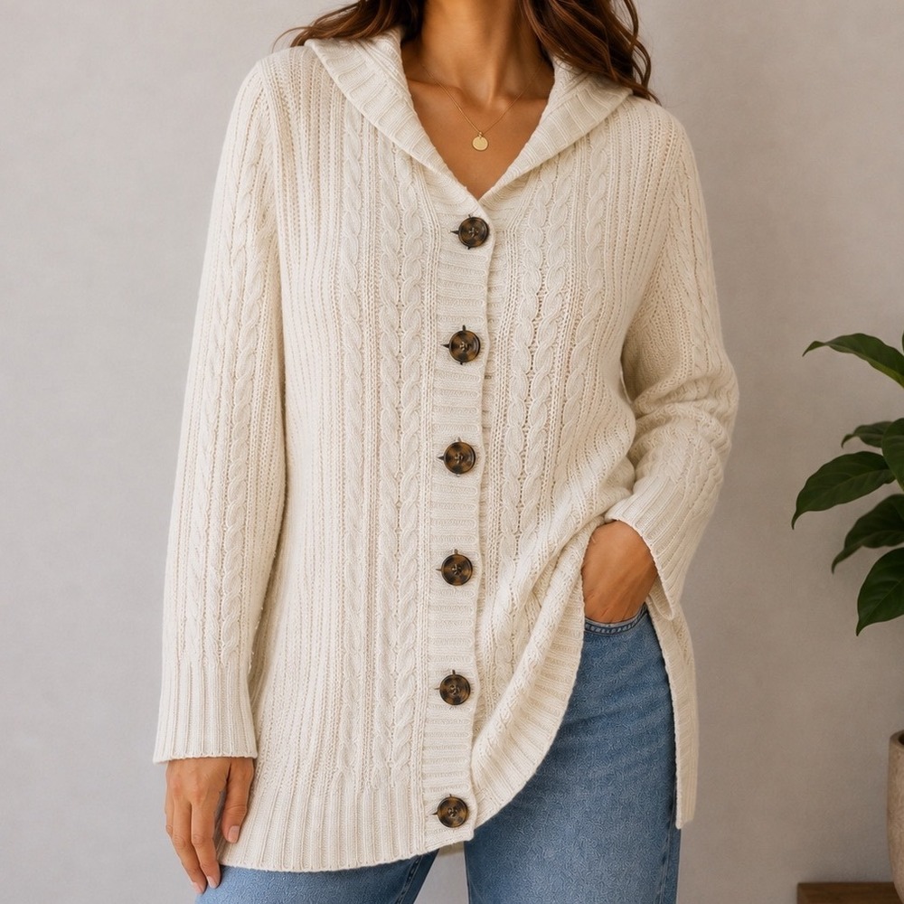 Vintage GAP Cable Knit Hooded Cardigan Sweater Womens M Cotton Blend Fisherman